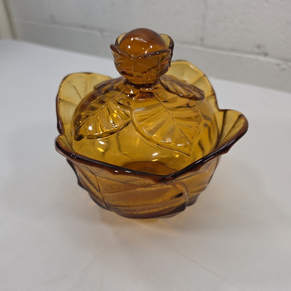 Vintage Viking Glass Amber Cabbage Leaf Covered Candy Dish With Lid READ DESC